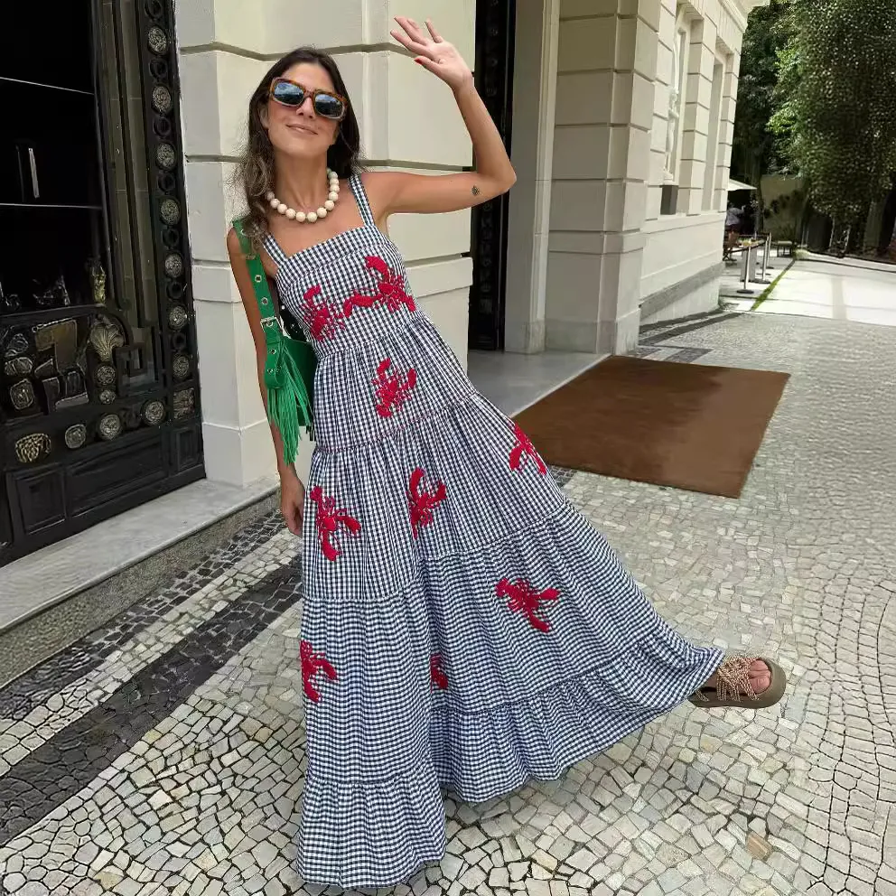 Wholesale Summer Women Fashion Casual Floral Embroidery Sling Large Pendulum Maxi Dress