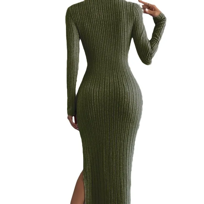 Women Fashion Solid Color Round Neck Long Sleeve Split Knitted Dress