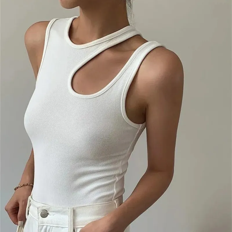 Street Fashion Style Round Neck Side Irregular Hollow Design Women Solid Color Slim Fit Tank Top