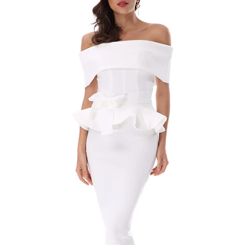 Women Fashion Sexy Elegant Solid Color Tight Off Shoulder Ruffled Hip Wrap Two-Piece Set Dress