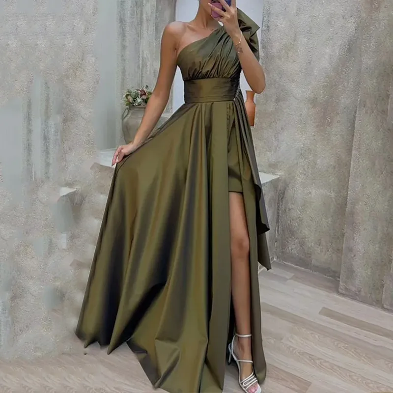 Women Elegant Solid Color Slant Slit Party Evening Dress