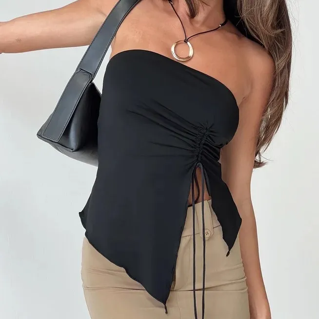 Summer Women Fashion Sexy Solid Color Drawstring Tube