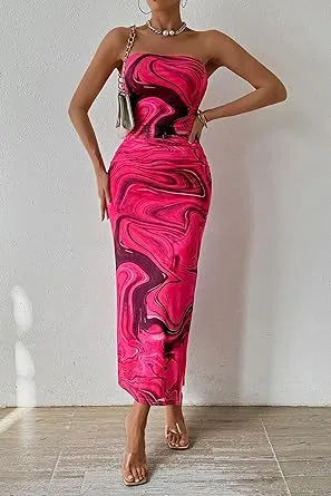 Summer Women Fashion Sexy Graphic Printing Tube Top Split Dress