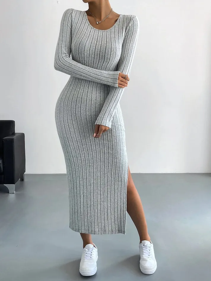 Women Fashion Solid Color Round Neck Long Sleeve Split Knitted Dress