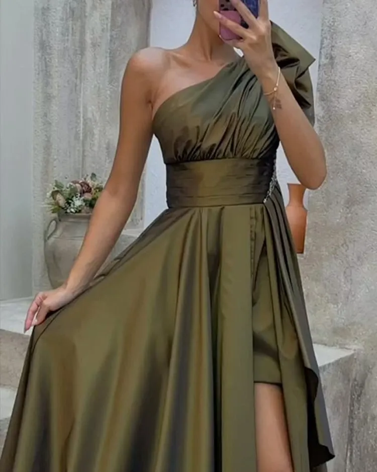 Women Elegant Solid Color Slant Slit Party Evening Dress