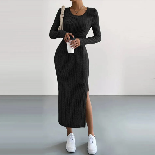 Women Fashion Solid Color Round Neck Long Sleeve Split Knitted Dress