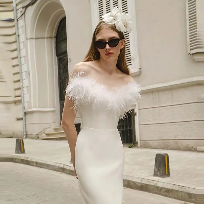 Women Fashion Elegant Off Shoulder Feather Dinner Dress