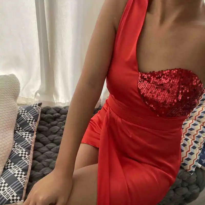 Summer Long Style Women Elegant Red Deep V-Neck Sequin Splicing Split Dress Dress