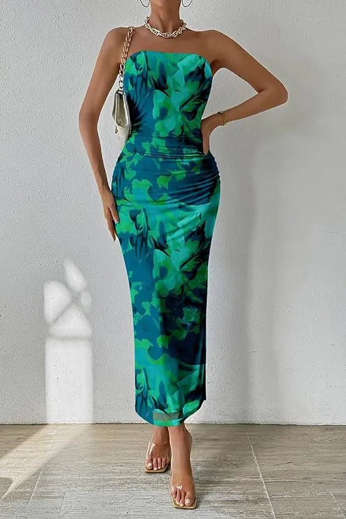 Summer Women Fashion Sexy Graphic Printing Tube Top Split Dress