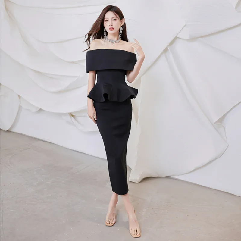 Women Fashion Sexy Elegant Solid Color Tight Off Shoulder Ruffled Hip Wrap Two-Piece Set Dress