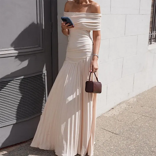 Women Summer Elegant Elegant Off-Shoulder Sexy Slim Fit Pleated Maxi Dress