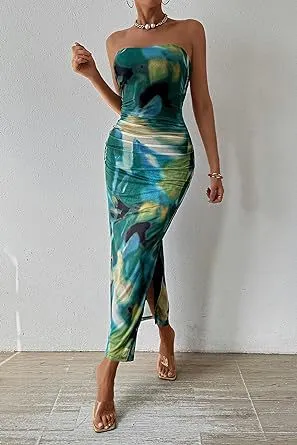 Summer Women Fashion Sexy Graphic Printing Tube Top Split Dress