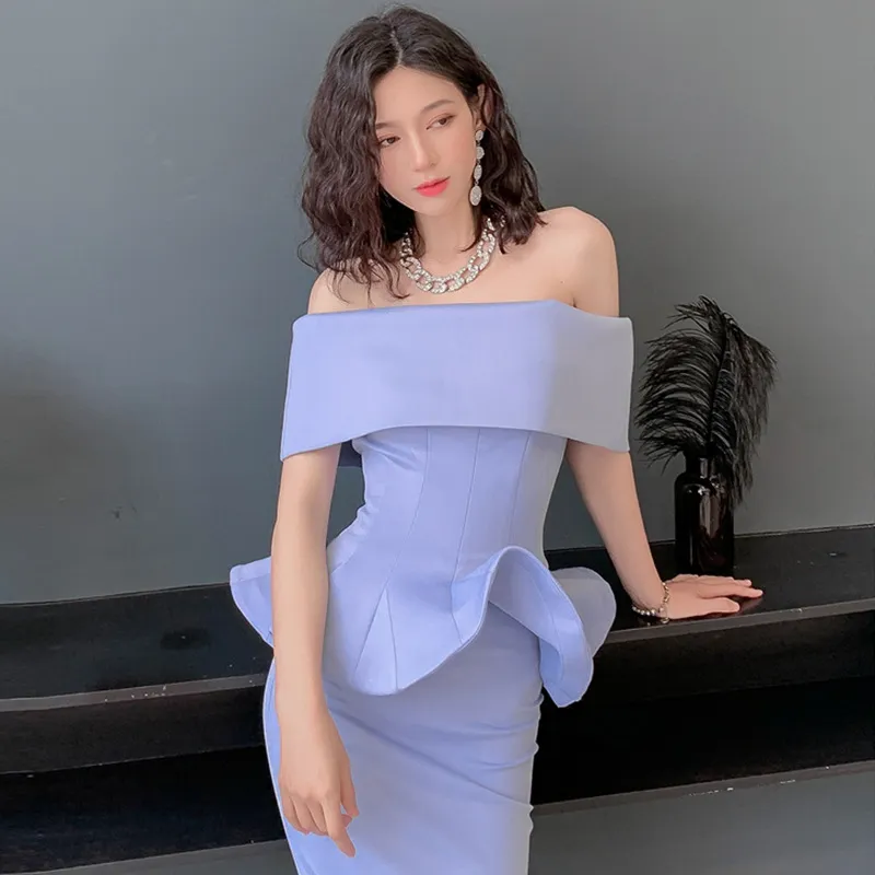 Women Fashion Sexy Elegant Solid Color Tight Off Shoulder Ruffled Hip Wrap Two-Piece Set Dress