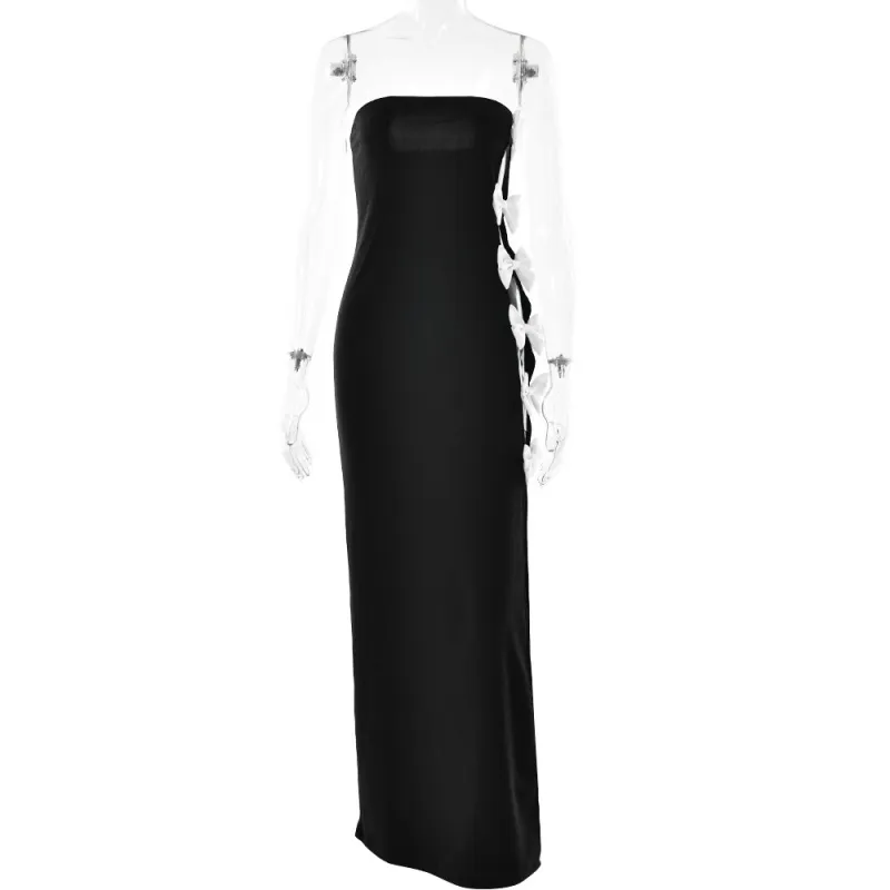 Wholesale Women Fashion Sexy Strapless Bow Stitching Backless Maxi Dress