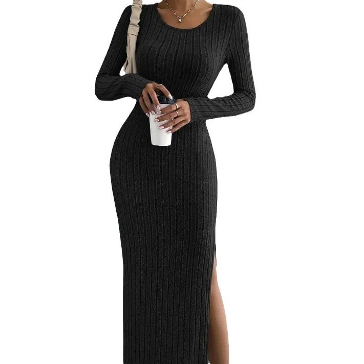 Women Fashion Solid Color Round Neck Long Sleeve Split Knitted Dress