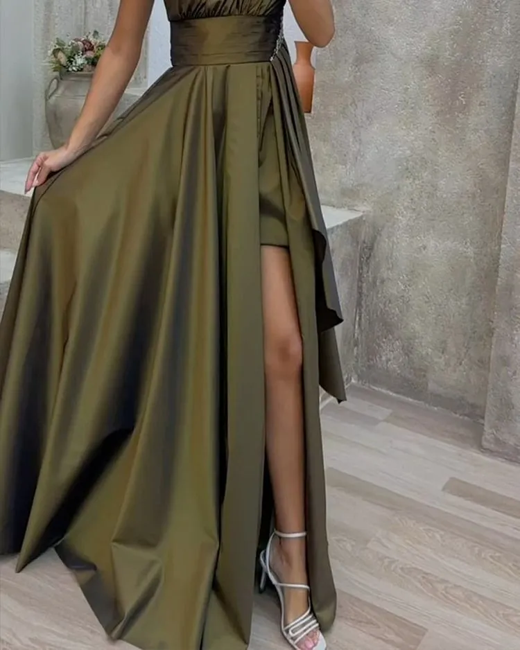 Women Elegant Solid Color Slant Slit Party Evening Dress