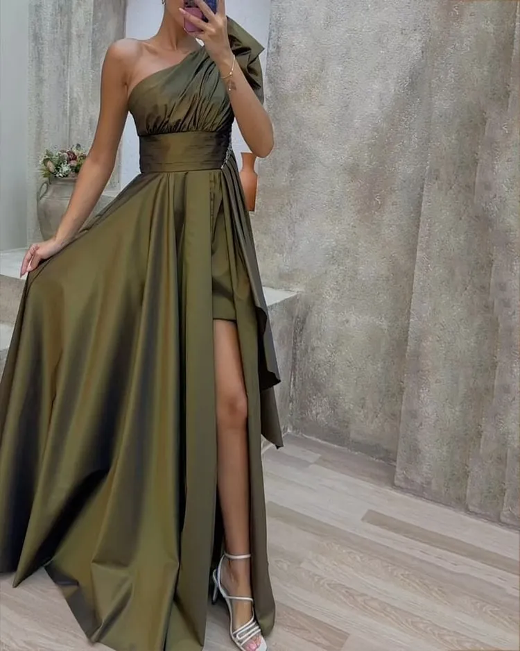 Women Elegant Solid Color Slant Slit Party Evening Dress