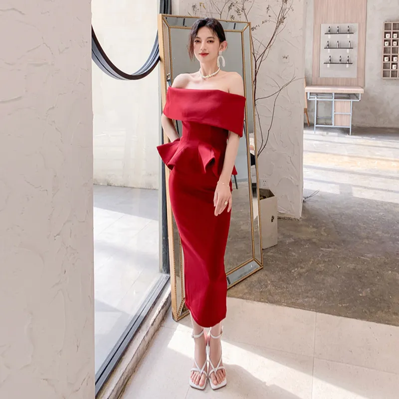 Women Fashion Sexy Elegant Solid Color Tight Off Shoulder Ruffled Hip Wrap Two-Piece Set Dress