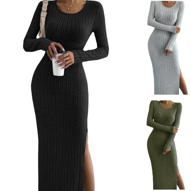 Women Fashion Solid Color Round Neck Long Sleeve Split Knitted Dress