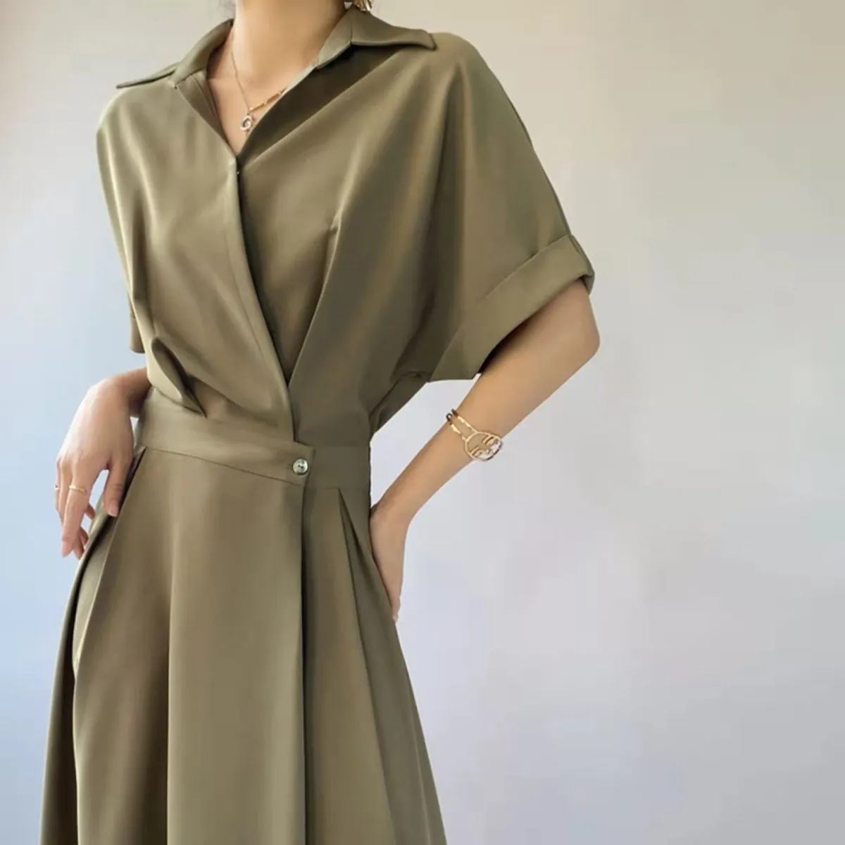 Wholesale Summer Women Casual Solid Color Lapel Short Sleeve Shirt Dress