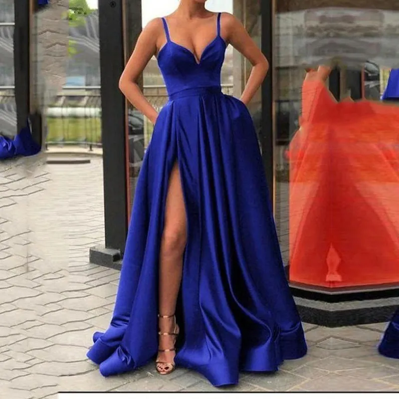 Women Elegant Sleeveless Solid Color Satin Simple Side-Slit Dress