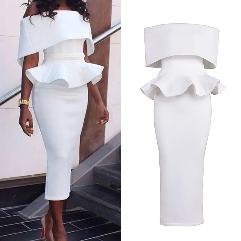 Women Fashion Sexy Elegant Solid Color Tight Off Shoulder Ruffled Hip Wrap Two-Piece Set Dress