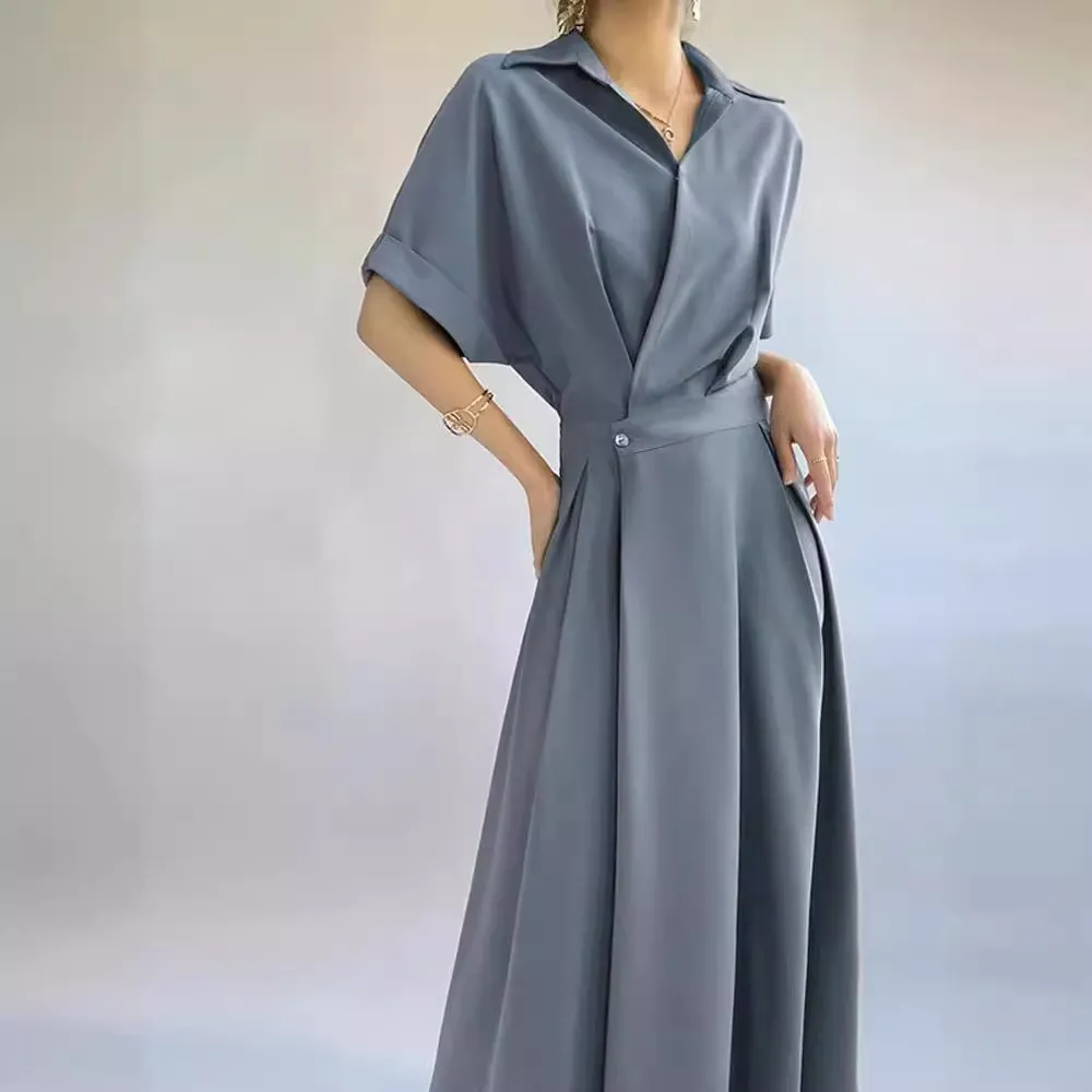 Wholesale Summer Women Casual Solid Color Lapel Short Sleeve Shirt Dress