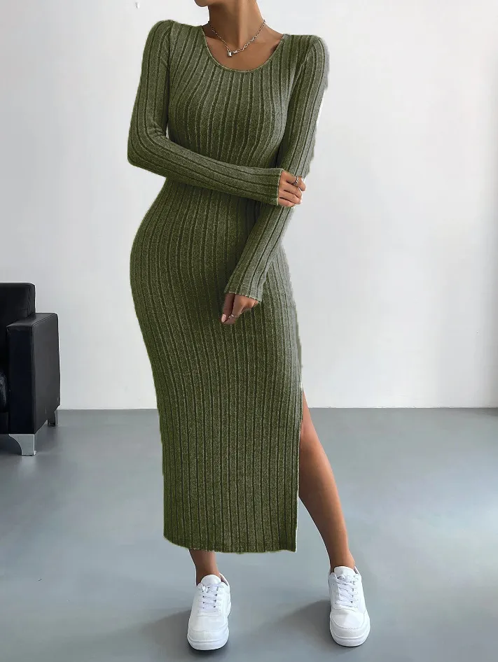 Women Fashion Solid Color Round Neck Long Sleeve Split Knitted Dress