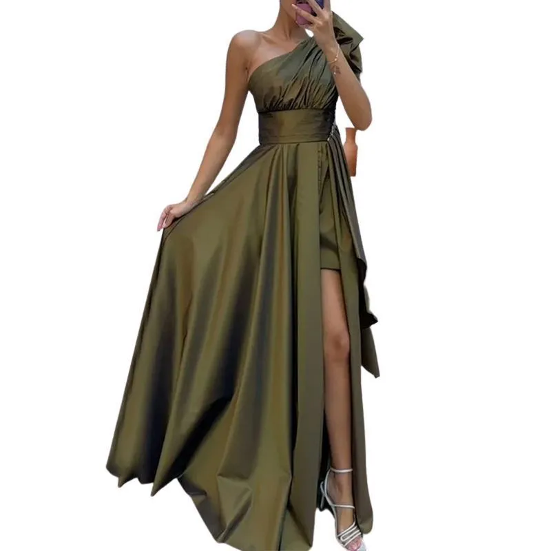 Women Elegant Solid Color Slant Slit Party Evening Dress