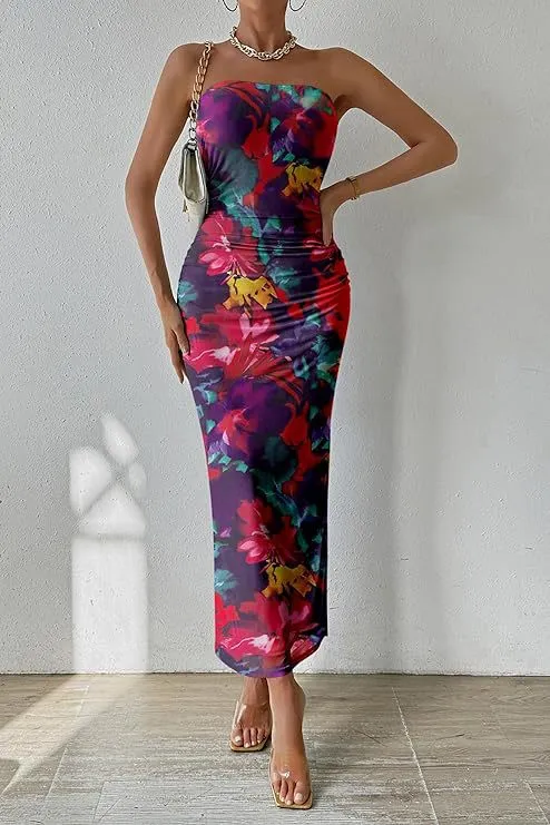 Summer Women Fashion Sexy Graphic Printing Tube Top Split Dress