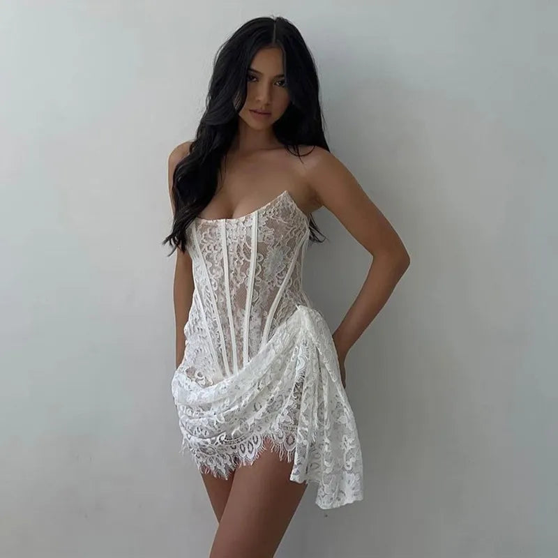 Summer Women Fashion Sexy Lace Mesh Tube Mini Dress