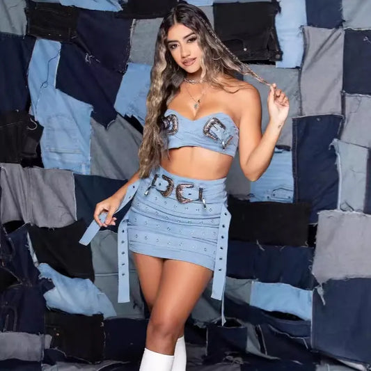 Women Fashion Sexy Strapless Belt Buckle Decorative Denim Top Skirt Two-Piece Set